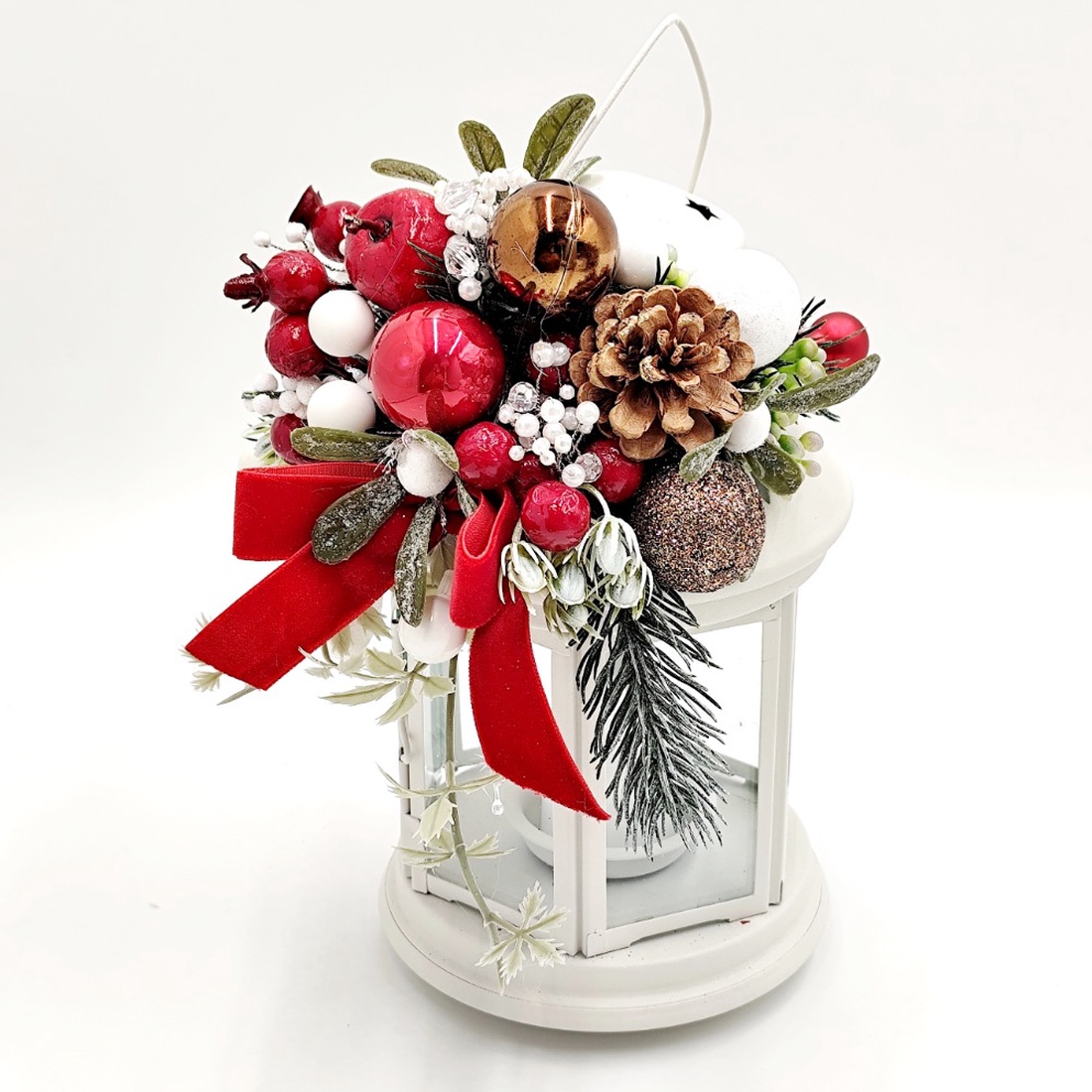 Felinar de Craciun cu globuri si crengute brad, 4552 - crăciun - decorațiuni de crăciun de casă - decor pentru masă de crăciun - Artynos.ro