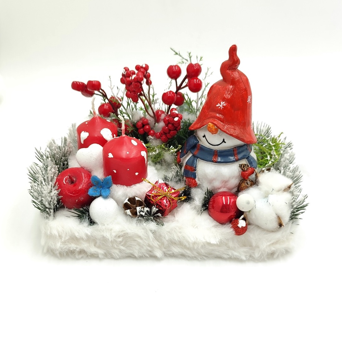 Poveste de iarna cu om de zapada si lumanari rosii, 4544 - crăciun - decorațiuni de crăciun de casă - decor pentru masă de crăciun - Artynos.ro