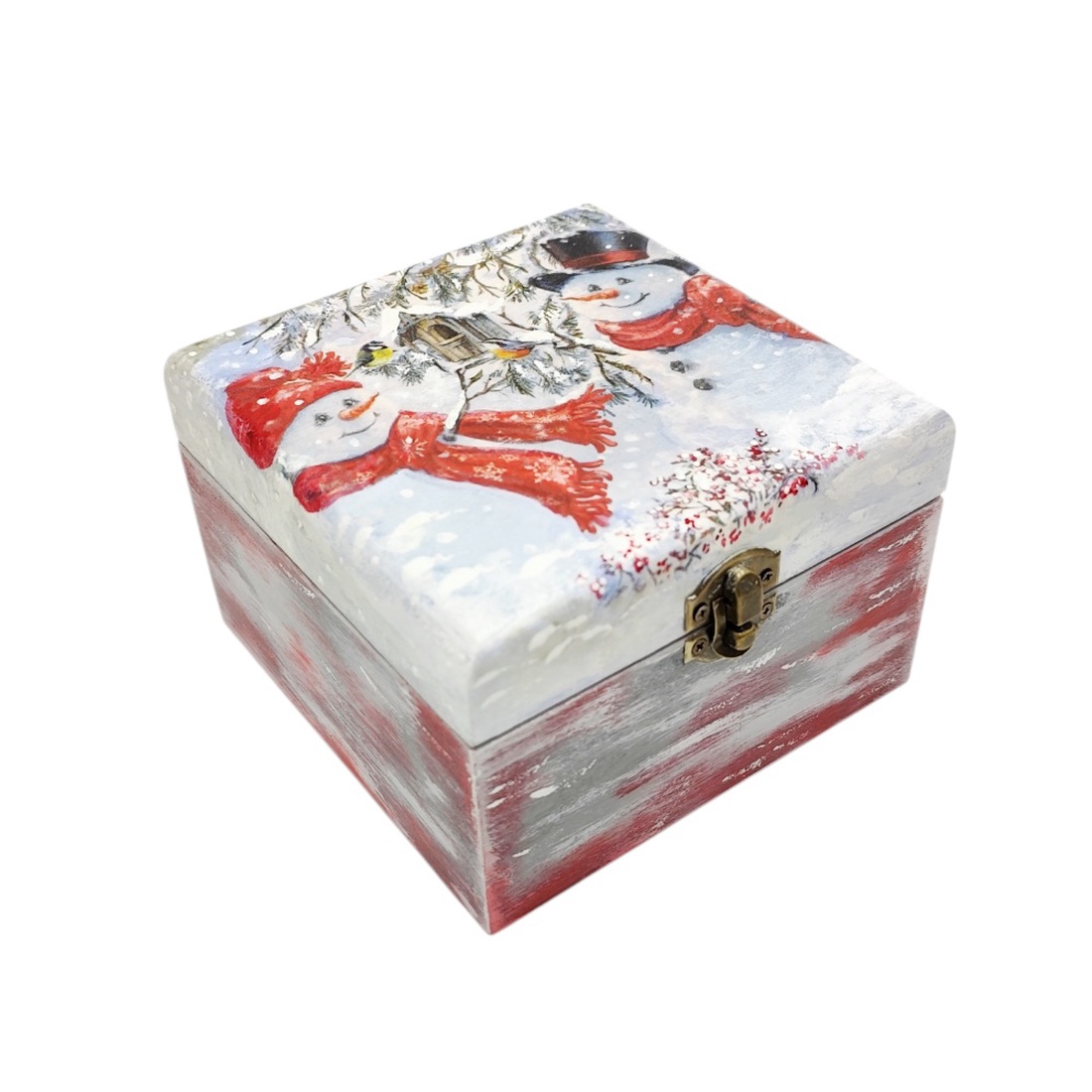 Cutie lemn decor Craciun cu oameni de zapada, 4555 - casă & stil de viață - materiale de depozitare și sortare - cutie depozitare - Artynos.ro