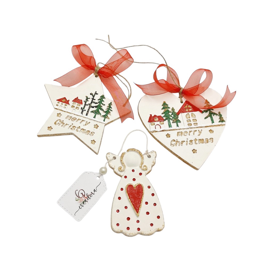 Set 3 decoratiuni ceramice pictate manual, 4558 - crăciun - decorațiuni de crăciun de casă - decor pentru masă de crăciun - Artynos.ro