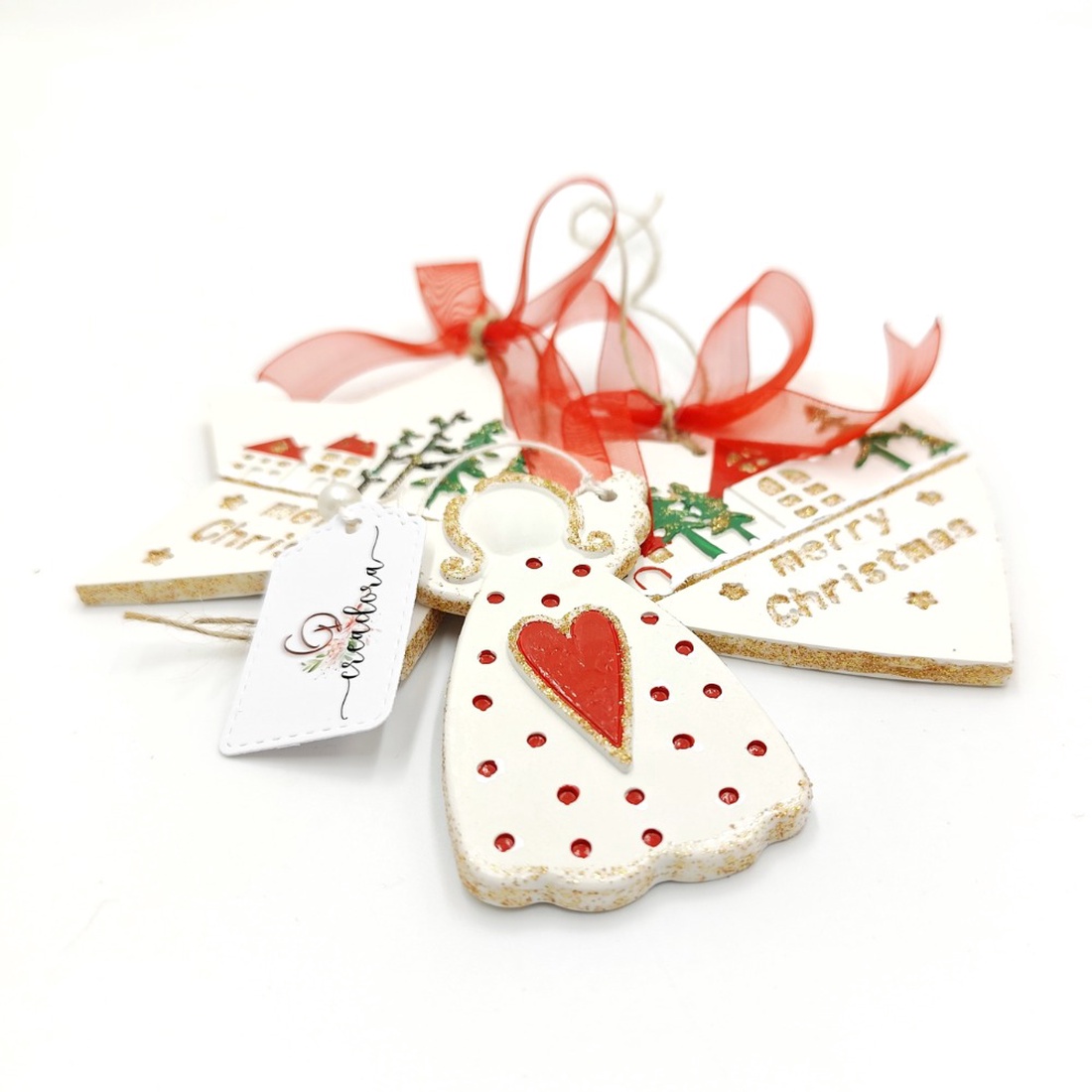 Set 3 decoratiuni ceramice pictate manual, 4558 - crăciun - decorațiuni de crăciun de casă - decor pentru masă de crăciun - Artynos.ro