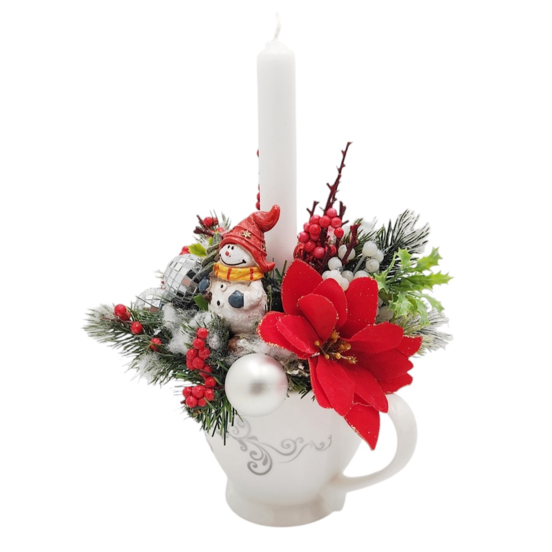 Aranjament cu lumanare si omulet de zapada in ceasca, 4562 - crăciun - decorațiuni de advent - decor pentru masa de advent - Artynos.ro