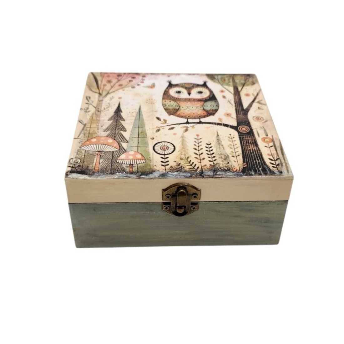 Cutie lemn vopsita si decorata manual, bufnita in padure, 4657 - bijuterii - suporturi și cutii de bijuterii - cutii de bijuterii - Artynos.ro