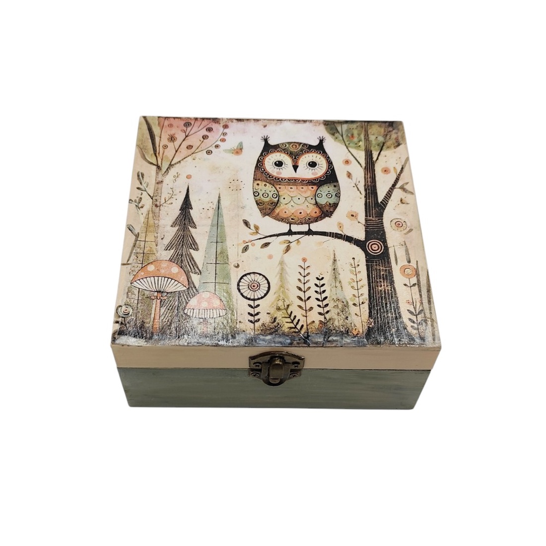 Cutie lemn vopsita si decorata manual, bufnita in padure, 4657 - bijuterii - suporturi și cutii de bijuterii - cutii de bijuterii - Artynos.ro