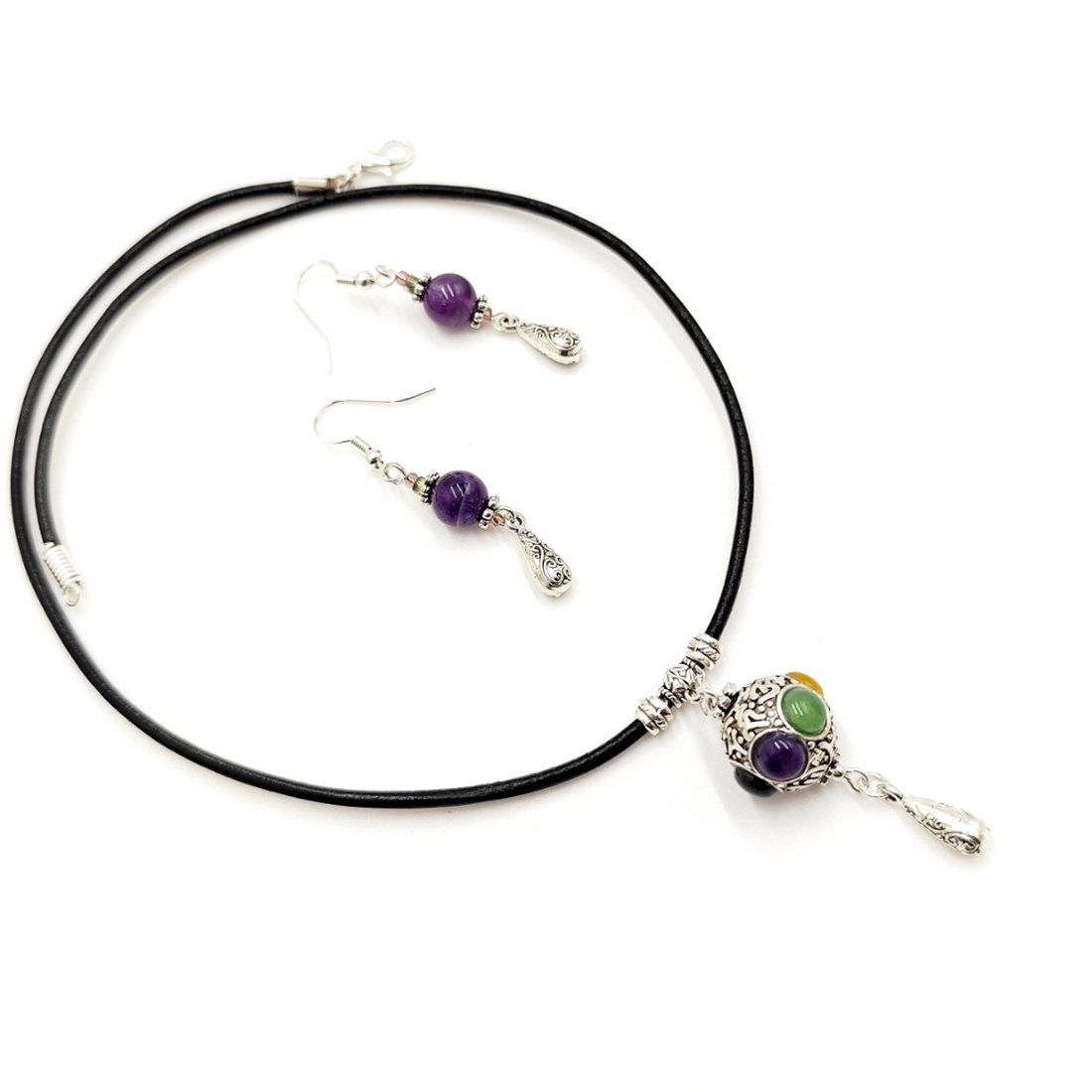 Set colier pandantiv multicolor si cercei cu ametist, 4667  - bijuterii - seturi de bijuterii - Artynos.ro