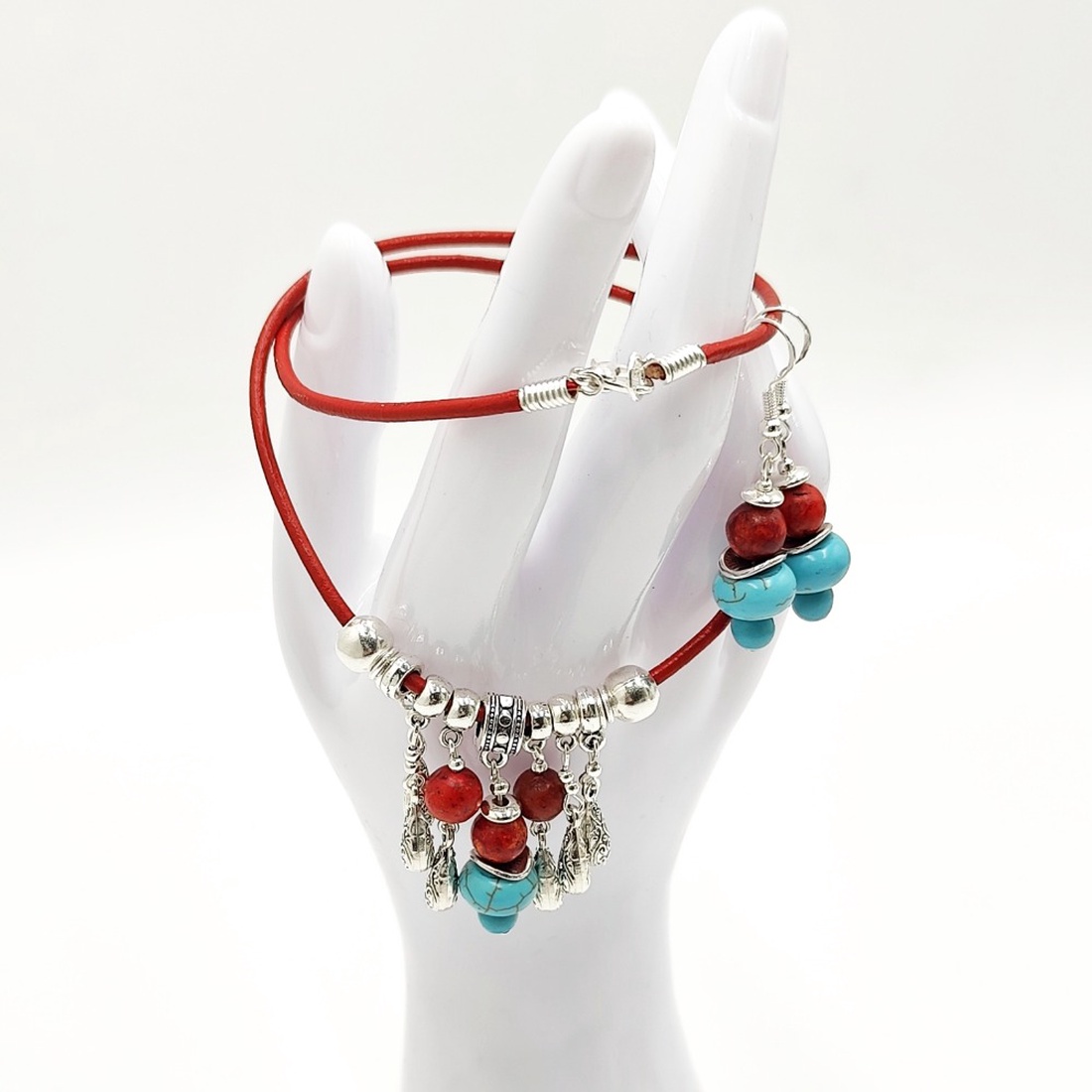 Set handmade colier si cercei, Poveste in turcoaz si coral, 4669 - bijuterii - seturi de bijuterii - Artynos.ro