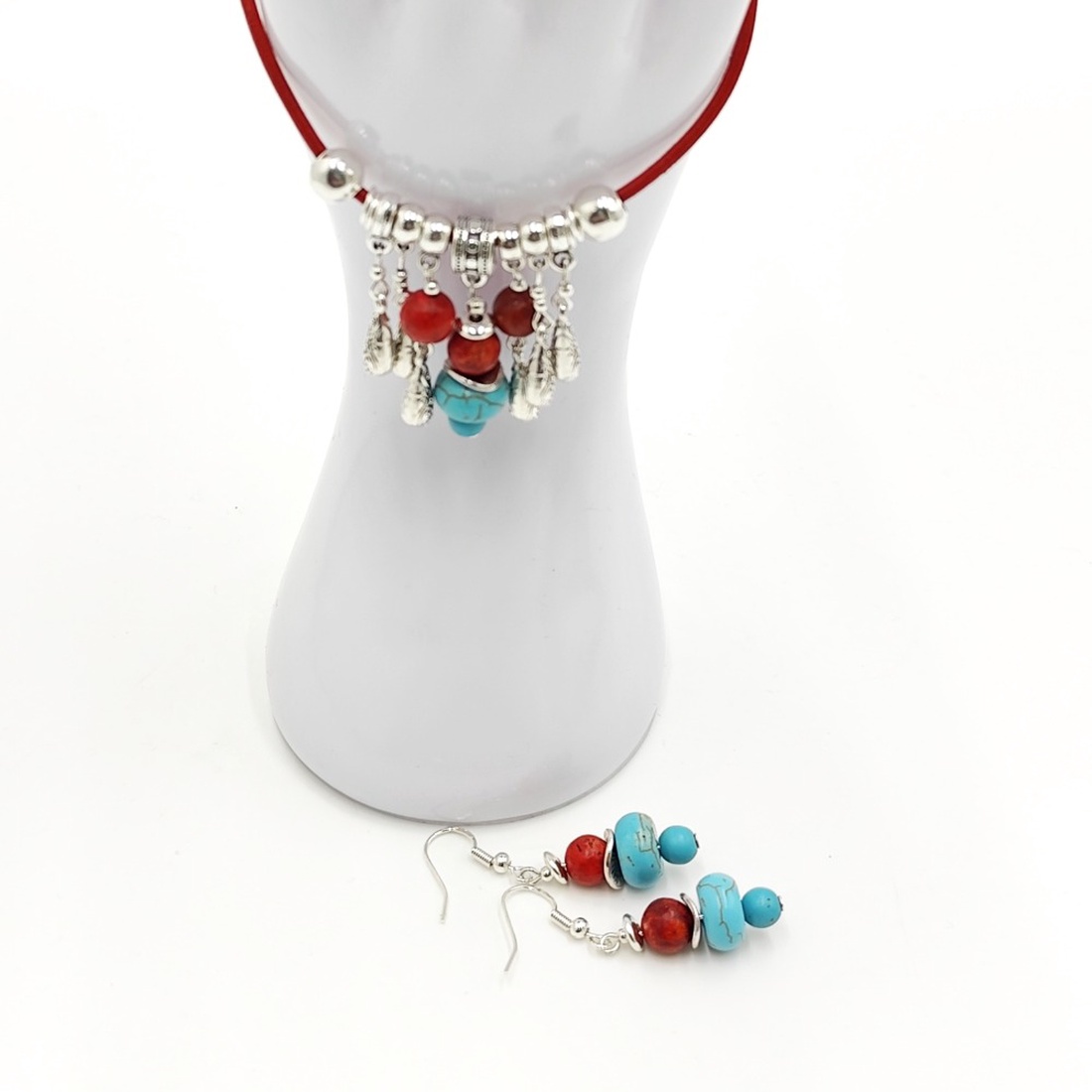 Set handmade colier si cercei, Poveste in turcoaz si coral, 4669 - bijuterii - seturi de bijuterii - Artynos.ro
