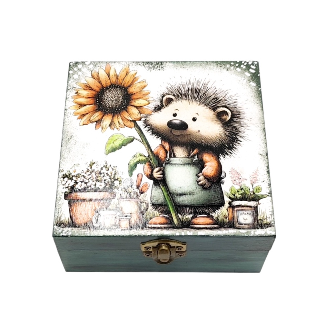 Cutie decorativa din lemn, Arici cu floarea- soarelui, 4671 - bijuterii - suporturi și cutii de bijuterii - cutii de bijuterii - Artynos.ro
