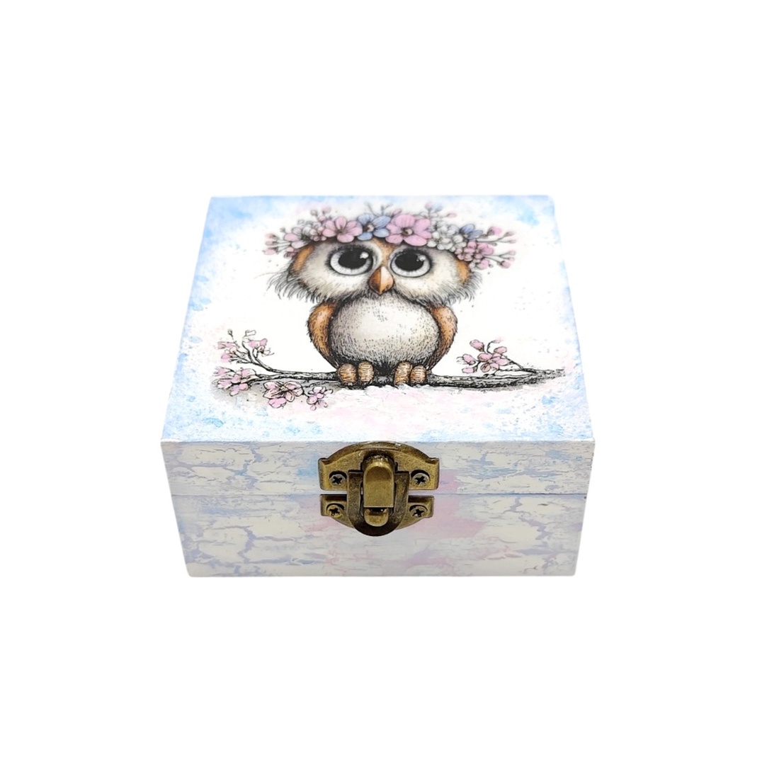 Cutie decorativa din lemn, Bufnita cu coronita roz bleu, 4674 - bijuterii - suporturi și cutii de bijuterii - cutii de bijuterii - Artynos.ro