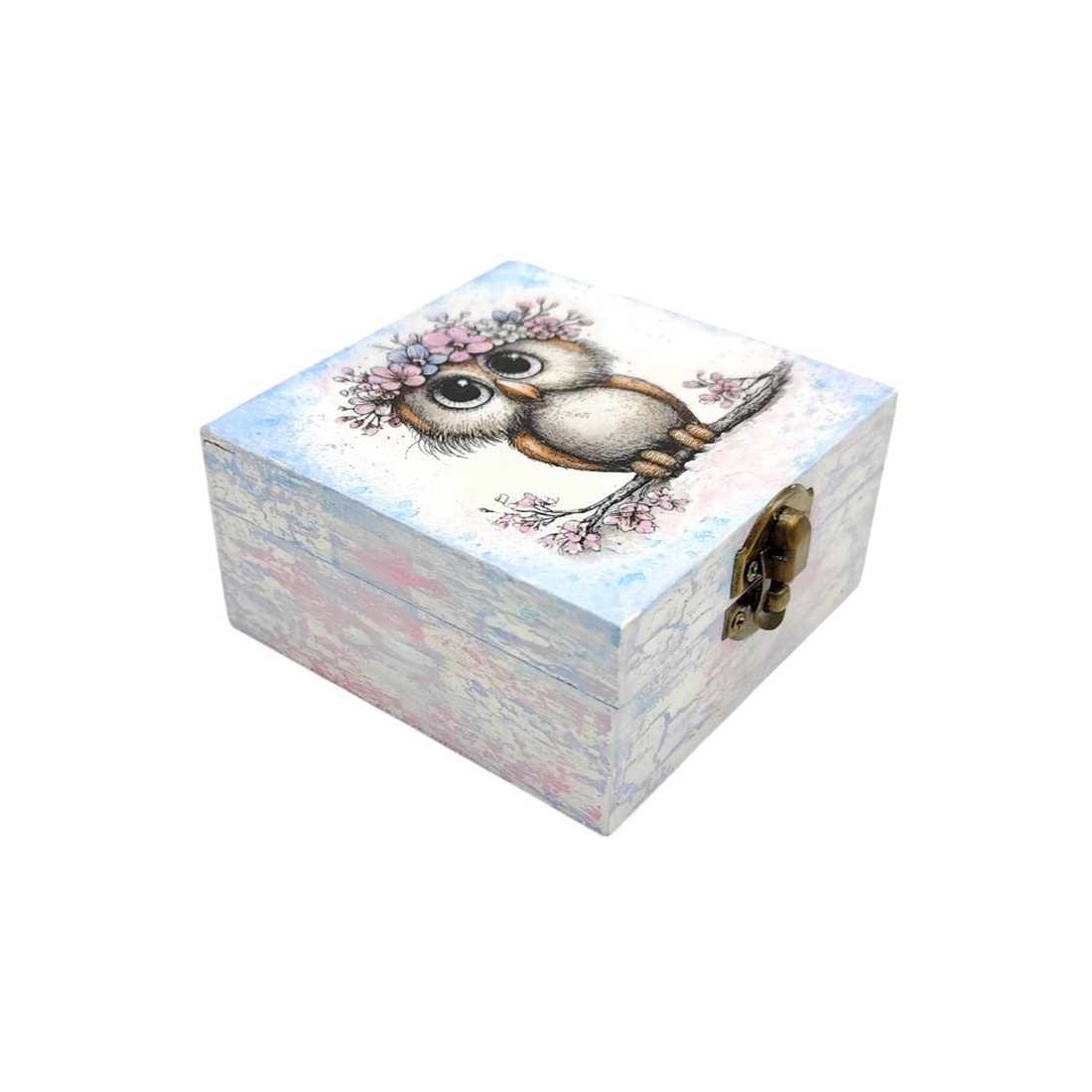 Cutie decorativa din lemn, Bufnita cu coronita roz bleu, 4674 - bijuterii - suporturi și cutii de bijuterii - cutii de bijuterii - Artynos.ro