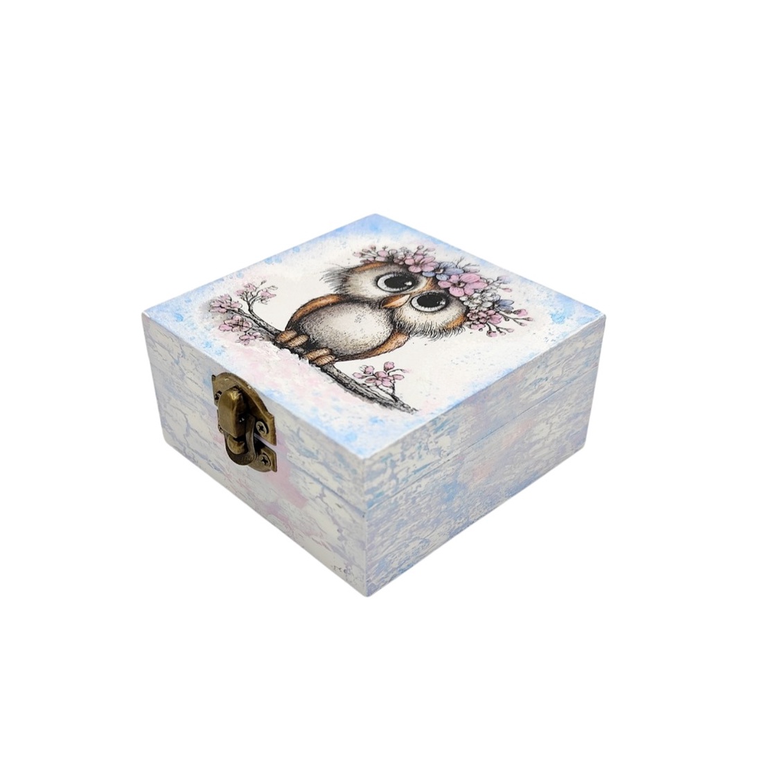 Cutie decorativa din lemn, Bufnita cu coronita roz bleu, 4674 - bijuterii - suporturi și cutii de bijuterii - cutii de bijuterii - Artynos.ro