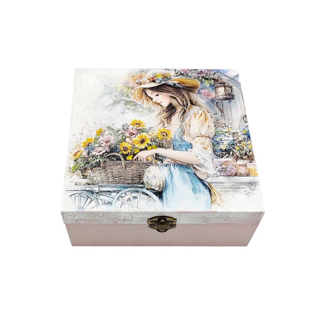 Cutie decorativa din lemn, Fata cu caruciorul cu flori, 4675 - bijuterii - suporturi și cutii de bijuterii - cutii de bijuterii - Artynos.ro