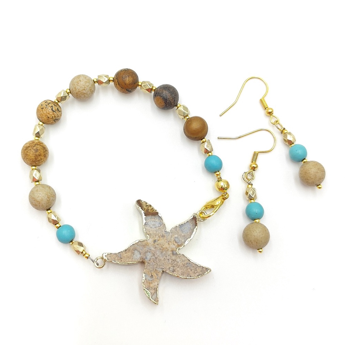 Set handmade unicat, bratara si cercei cu agat fosil si jasp, 4705 - bijuterii - seturi de bijuterii - Artynos.ro
