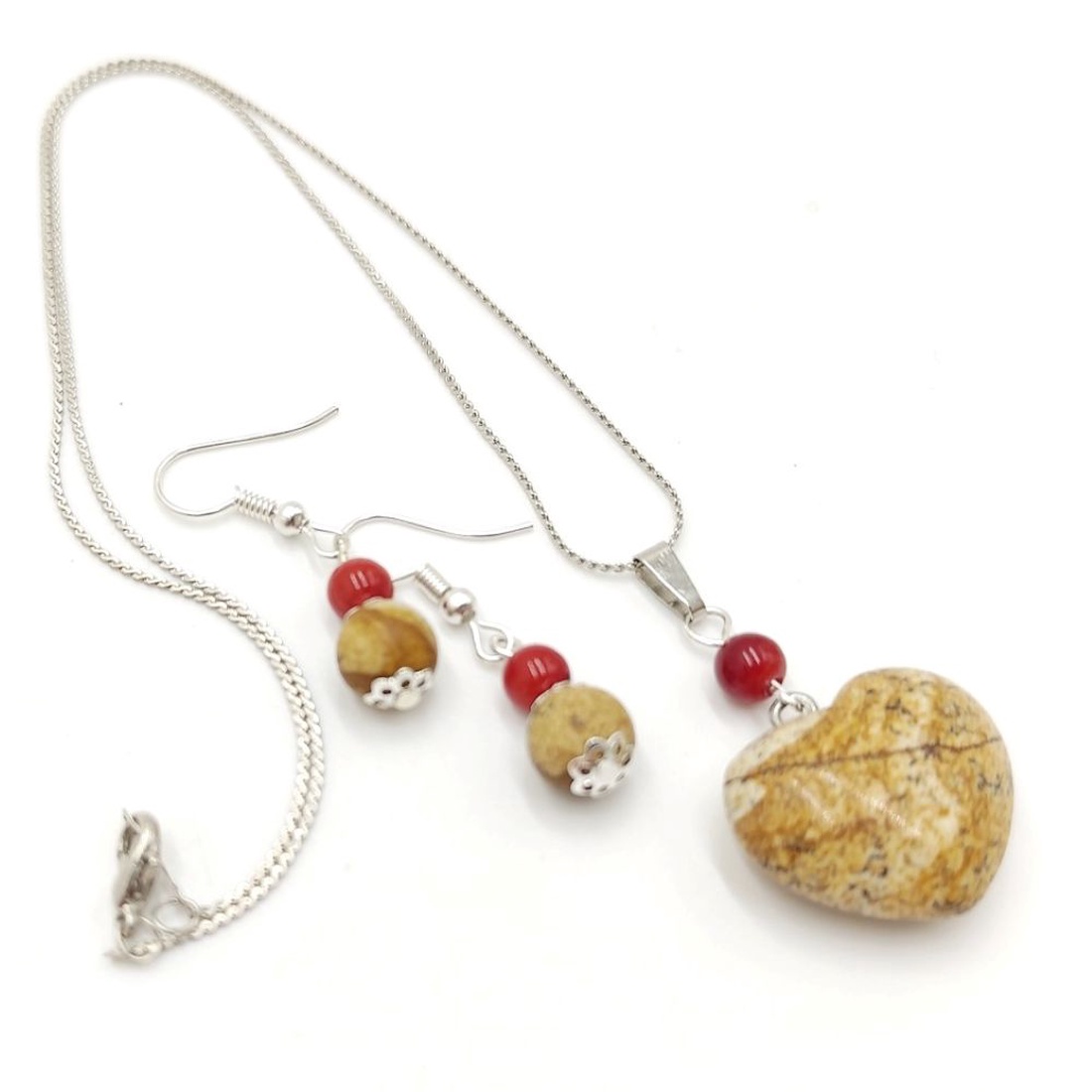 Set handmade cu jasp natural si coral rosu, 4707 - bijuterii - seturi de bijuterii - Artynos.ro