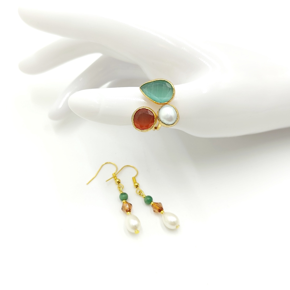 Set inel si cercei cu perla naturala si agate fatetate maro si verde, 4711 - bijuterii - seturi de bijuterii - Artynos.ro
