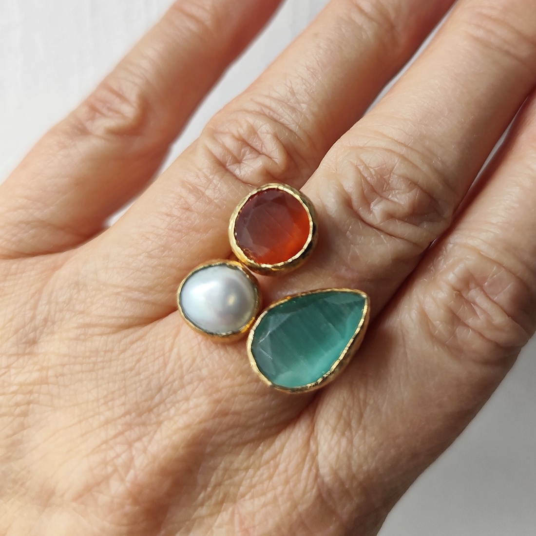 Set inel si cercei cu perla naturala si agate fatetate maro si verde, 4711 - bijuterii - seturi de bijuterii - Artynos.ro