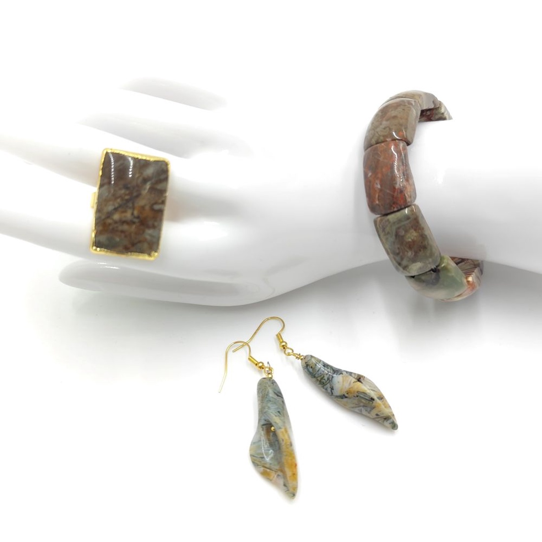 Set handmade din jasp natural in nuante pamantii, 4712 - bijuterii - seturi de bijuterii - Artynos.ro