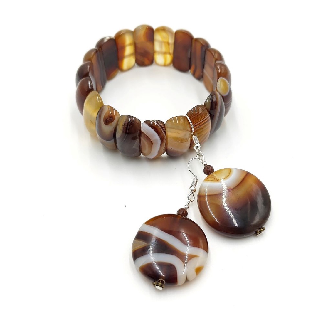Set bratara si cercei cu agat natural in nuante caramel si ciocolatiu, 4713 - bijuterii - seturi de bijuterii - Artynos.ro