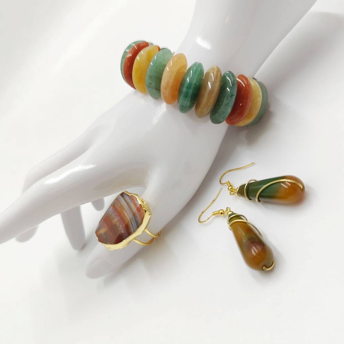 Set unicat cu agate naturale in culorile toamnei, 4719 - bijuterii - seturi de bijuterii - Artynos.ro