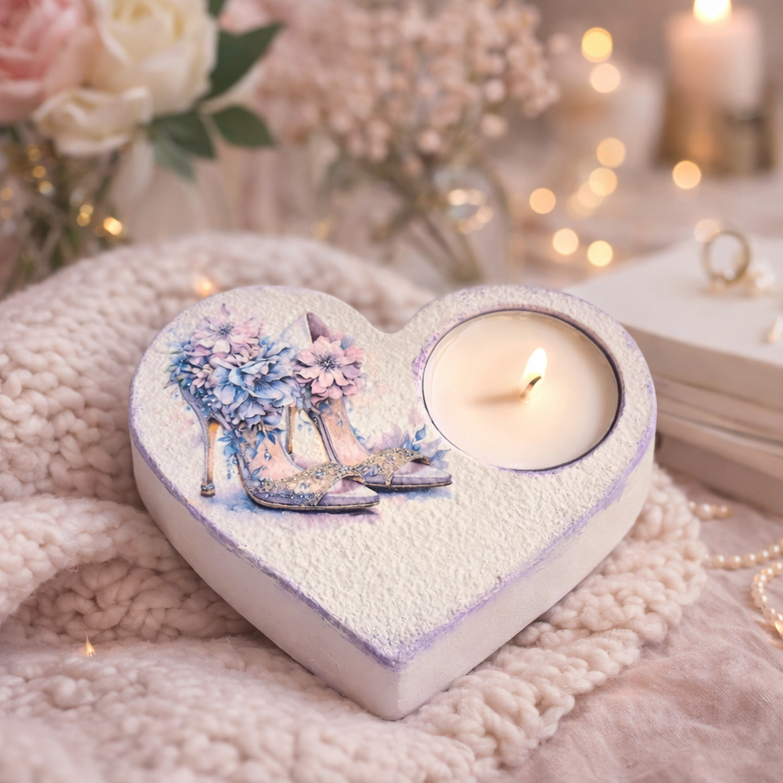 Suport lumanare handmade din ipsos � inima decorata cu pantofi cu flori (120059) - casă & stil de viață - lumânări, parfumuri, arome - suport de lumânări - Artynos.ro