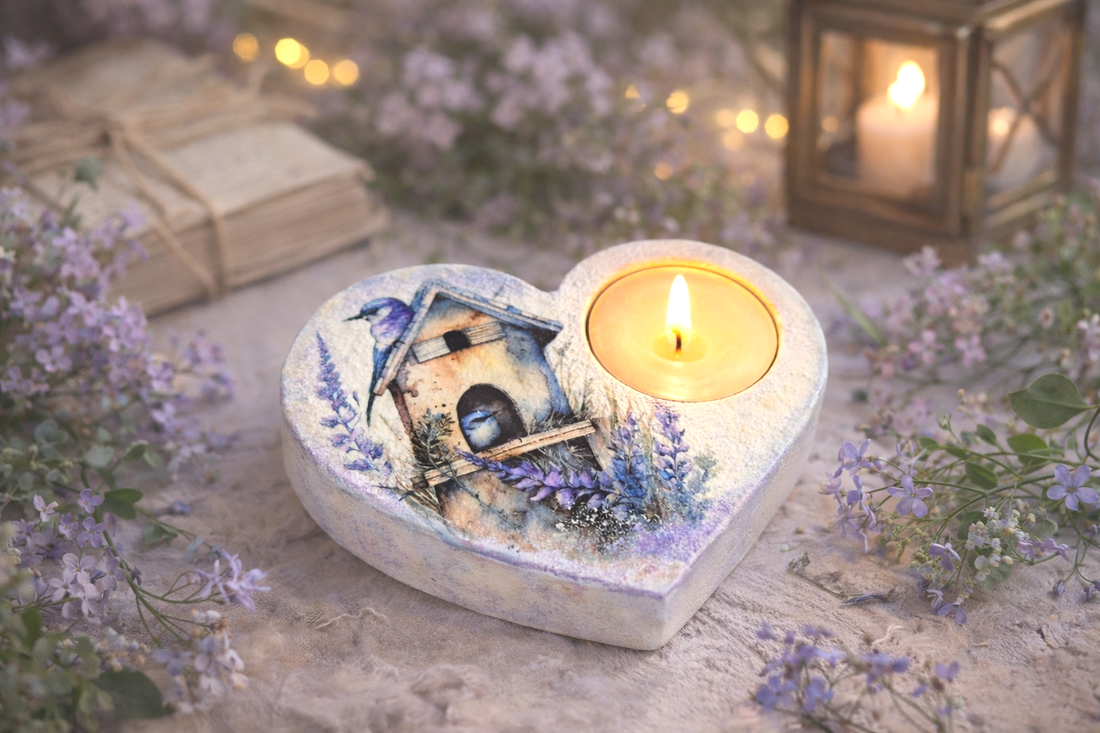 Suport lumanare handmade din ipsos � inima decorata cu lavanda (115528) - casă & stil de viață - lumânări, parfumuri, arome - suport de lumânări - Artynos.ro