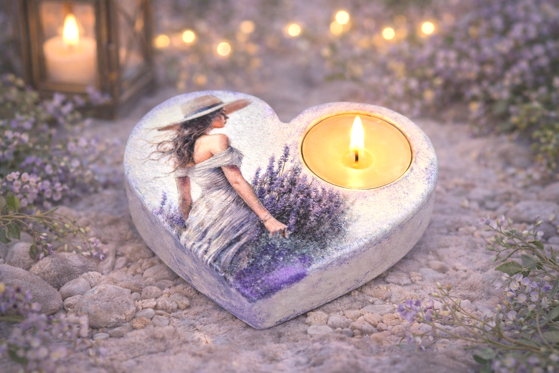 Suport lumanare handmade din ipsos � inima decorata cu fata cu palarie si lavanda (115958) - casă & stil de viață - lumânări, parfumuri, arome - suport de lumânări - Artynos.ro