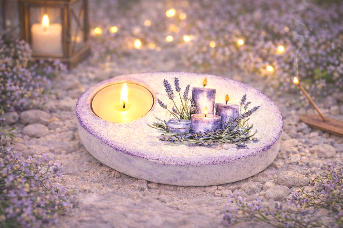 Suport lumanare handmade din ipsos � forma ovala cu lumanari si lavanda (121038) - casă & stil de viață - lumânări, parfumuri, arome - suport de lumânări - Artynos.ro