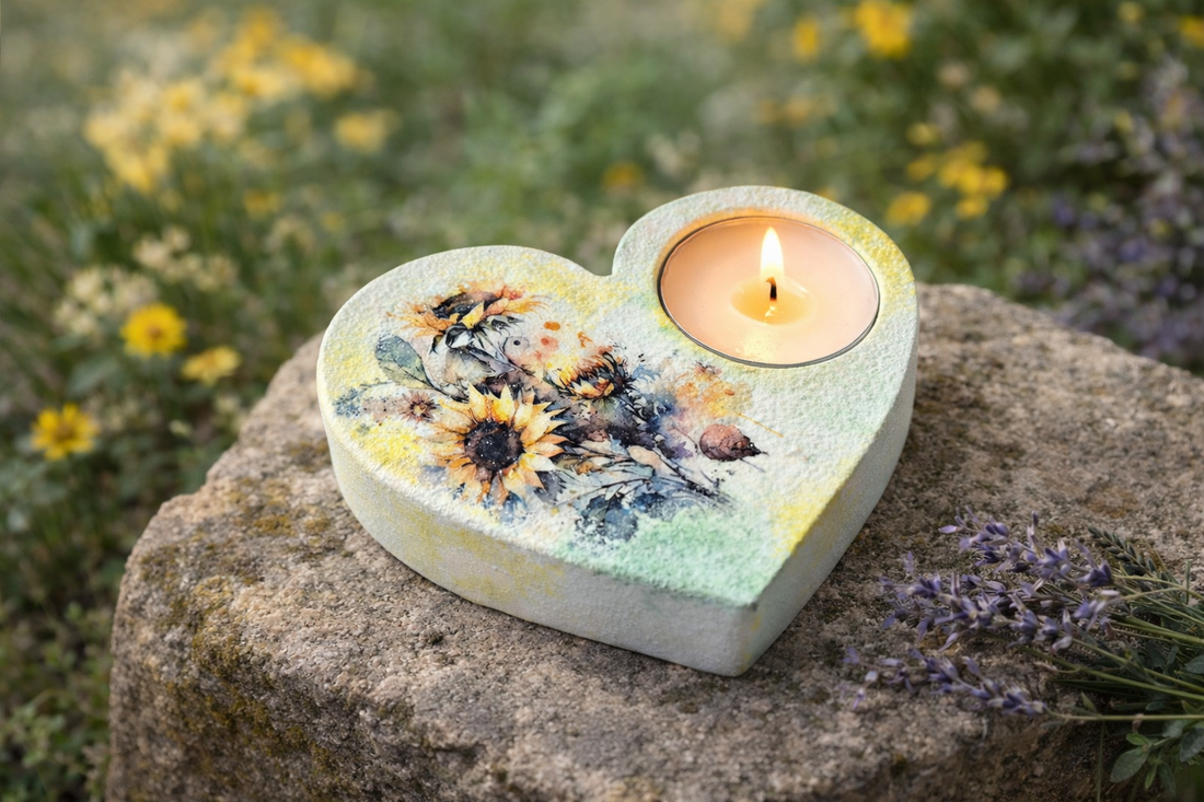 Suport lumanare handmade din ipsos � inima decorata cu floarea soarelui (113918) - casă & stil de viață - lumânări, parfumuri, arome - suport de lumânări - Artynos.ro
