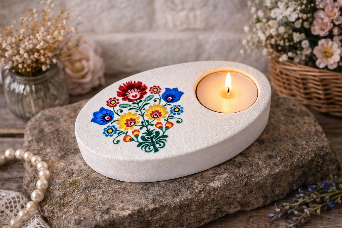 Suport lumanare handmade din ipsos � forma ovala cu model traditional (122101) - casă & stil de viață - lumânări, parfumuri, arome - suport de lumânări - Artynos.ro