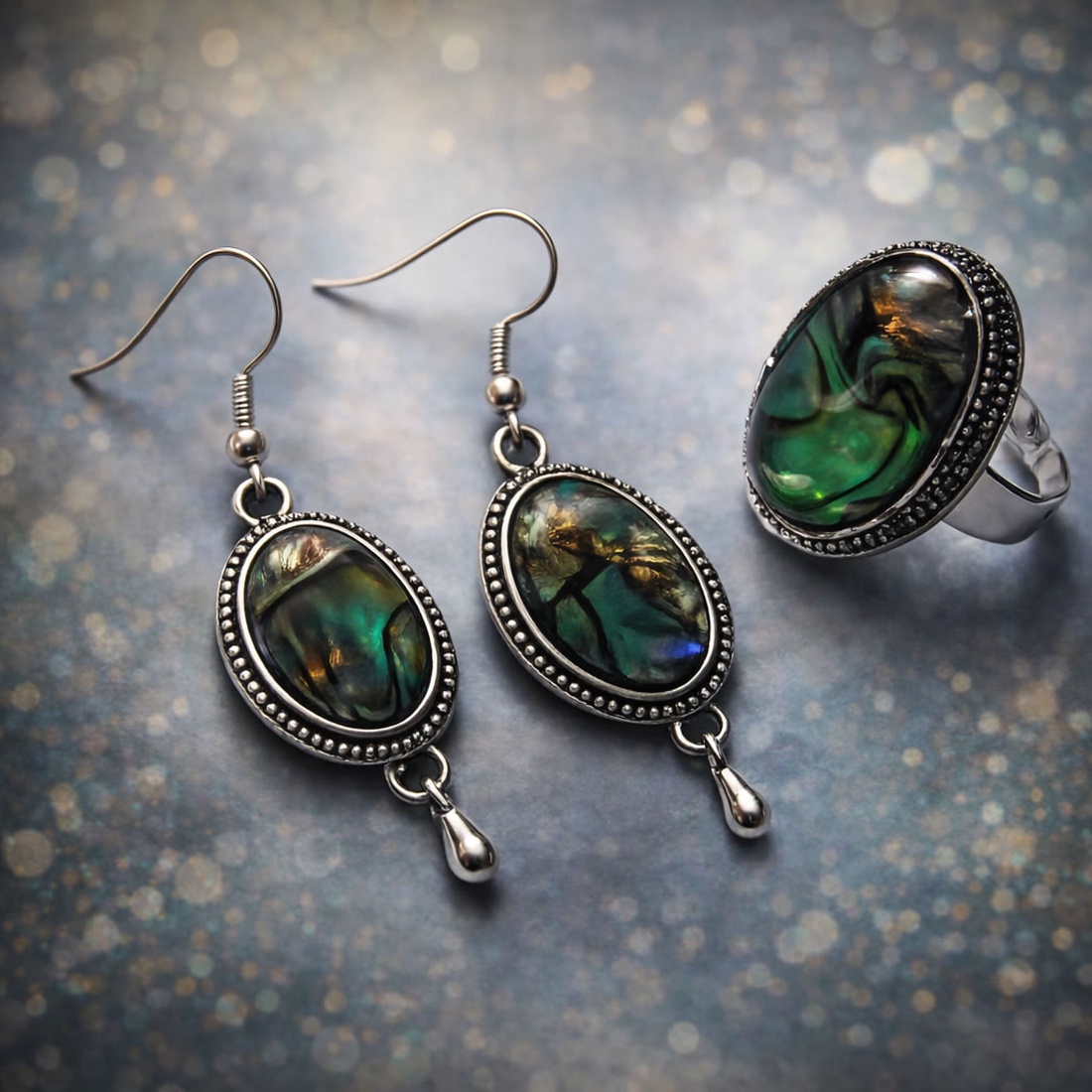 Set de bijuterii cercei si inel reglabil cu sidef paua � 193700 - bijuterii - seturi de bijuterii - Artynos.ro