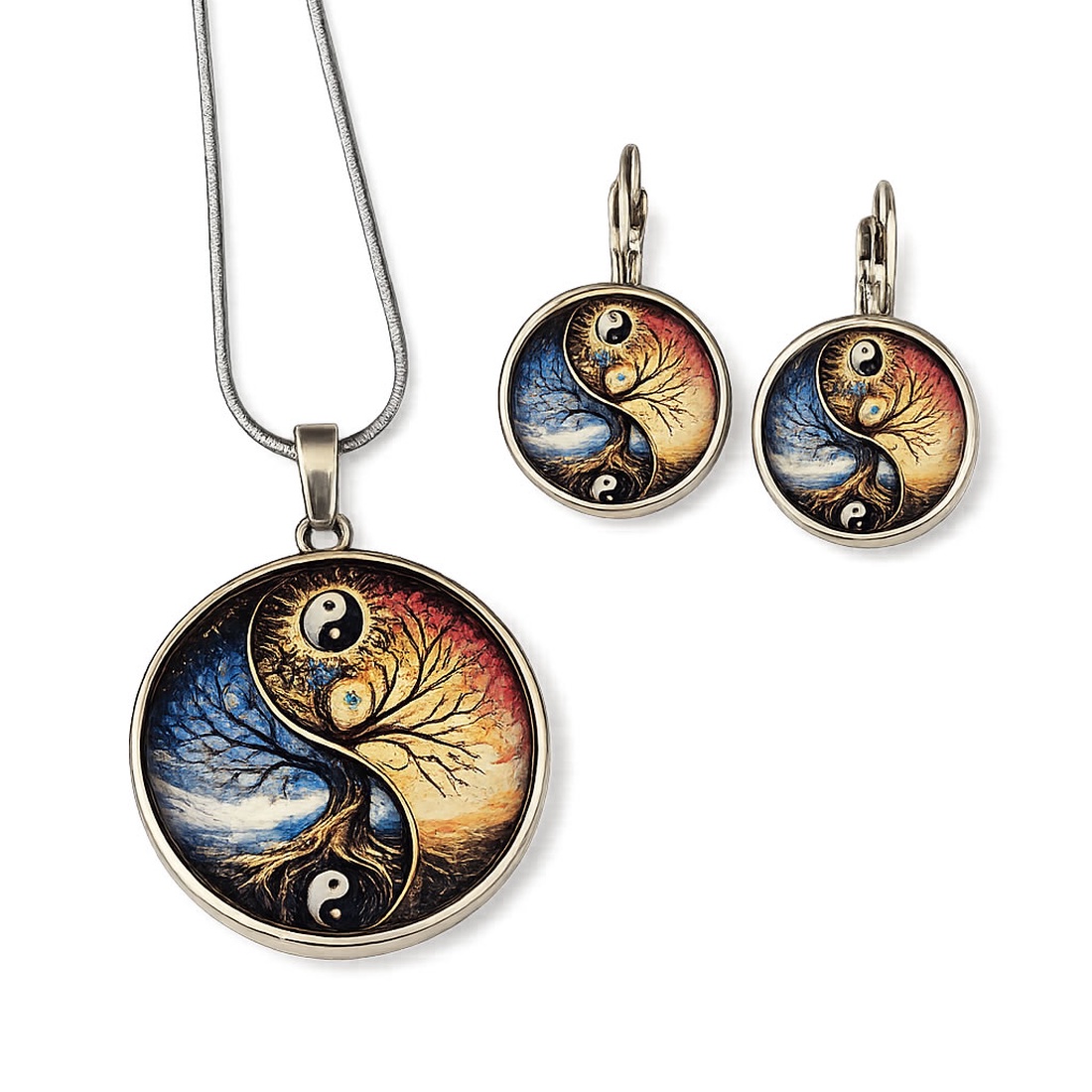 Set bijuterii Yin Yang si Copacul Vietii argintiu cu cabochon de sticla 204800 - bijuterii - seturi de bijuterii - Artynos.ro