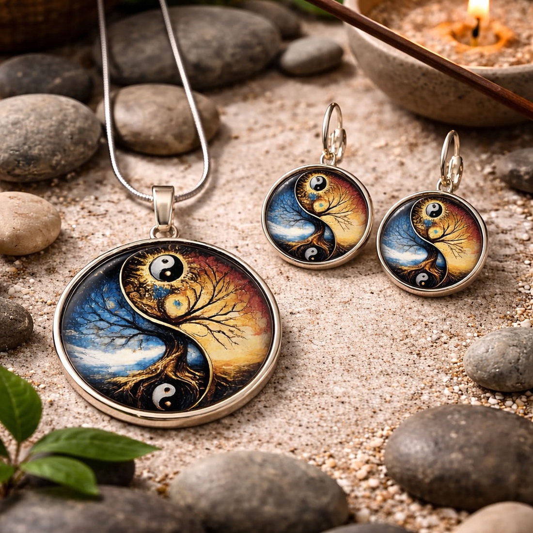 Set bijuterii Yin Yang si Copacul Vietii argintiu cu cabochon de sticla 204800 - bijuterii - seturi de bijuterii - Artynos.ro