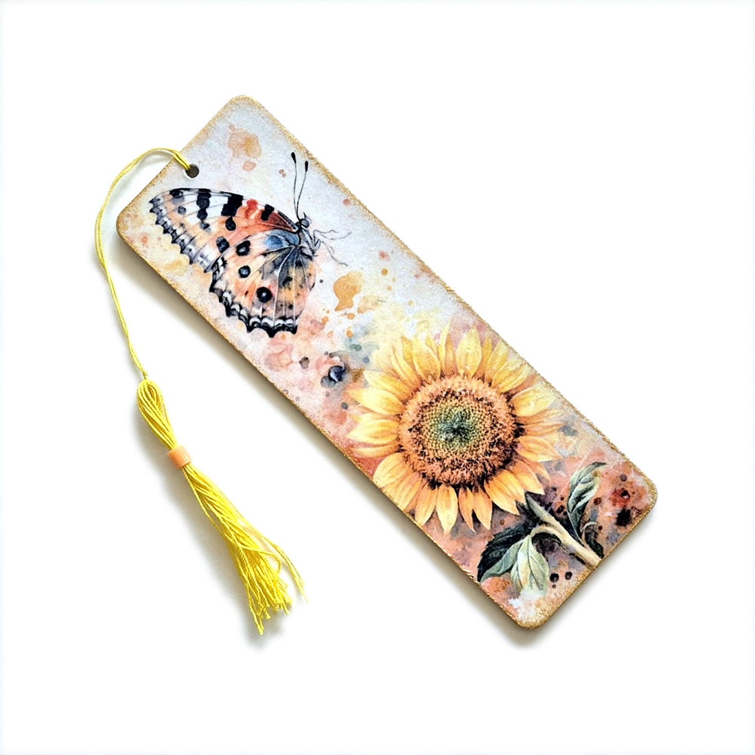 Semn de carte lemn cu fluture si floarea soarelui - 170520 - cărți și creații cu tematică muzicală, cadouri - semn de carte - Artynos.ro