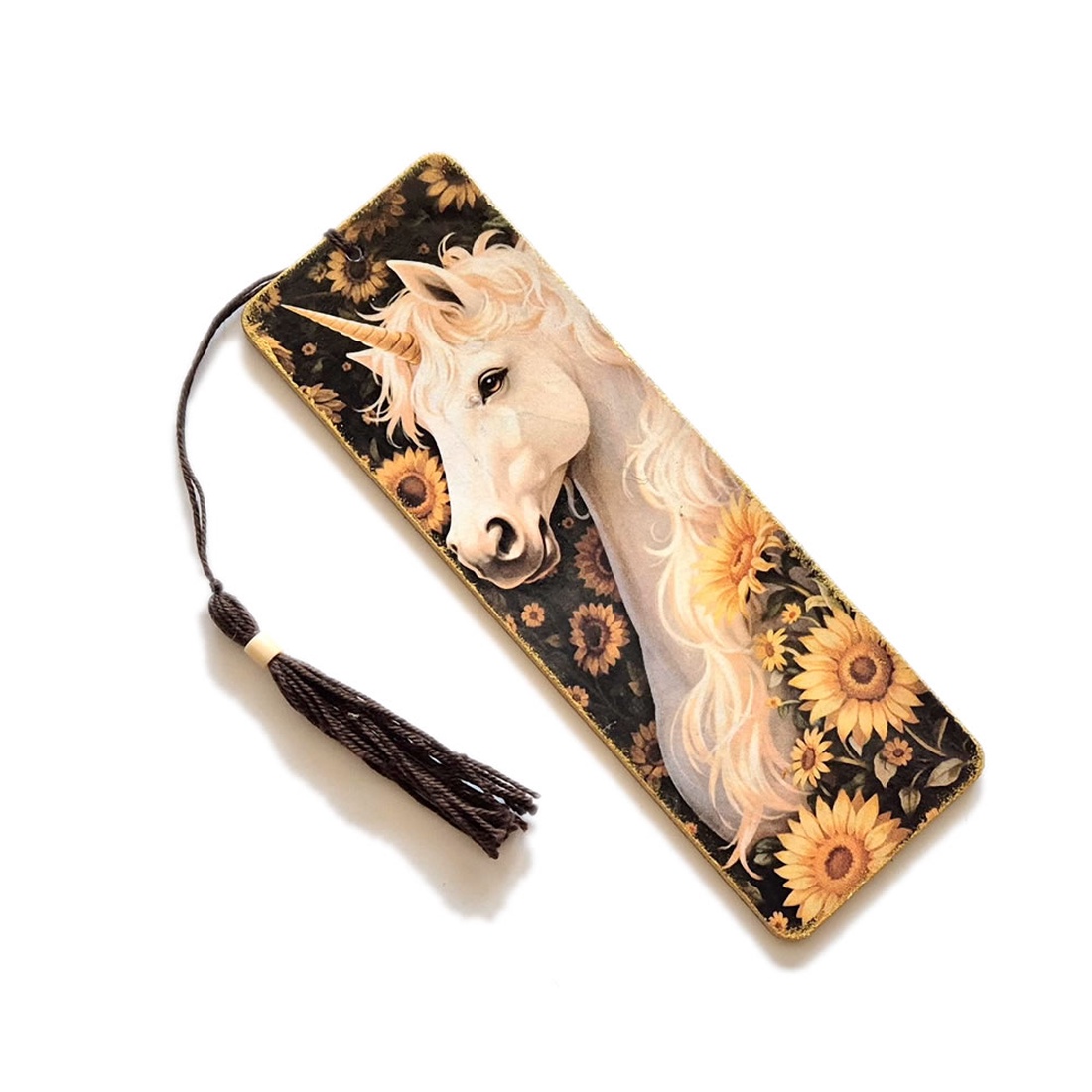 Semn de carte lemn cu unicorn si floarea soarelui - 170541 - cărți și creații cu tematică muzicală, cadouri - semn de carte - Artynos.ro