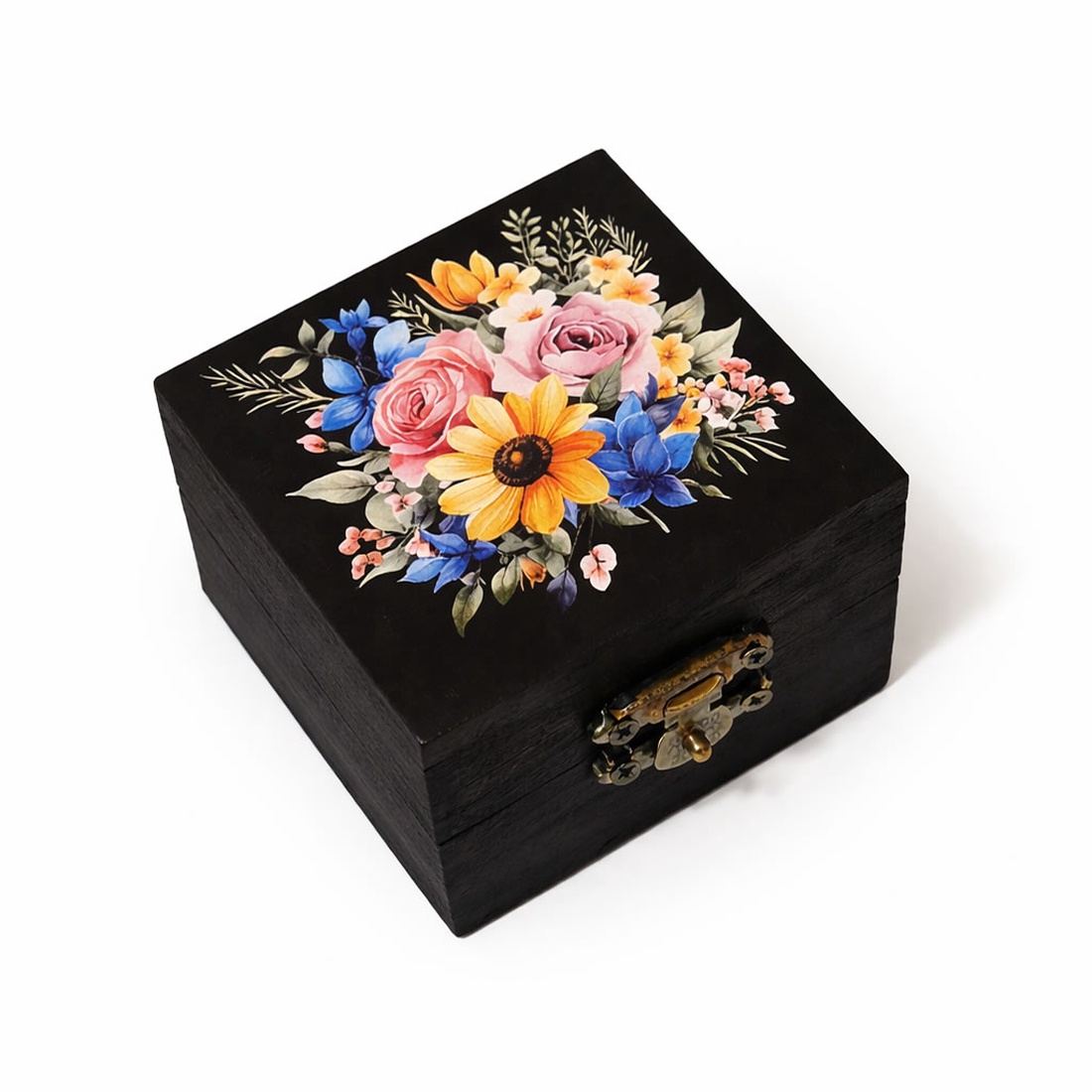 Cutie lemn patrata buchet de flori multicolor 200702 - bijuterii - suporturi și cutii de bijuterii - cutii de bijuterii - Artynos.ro
