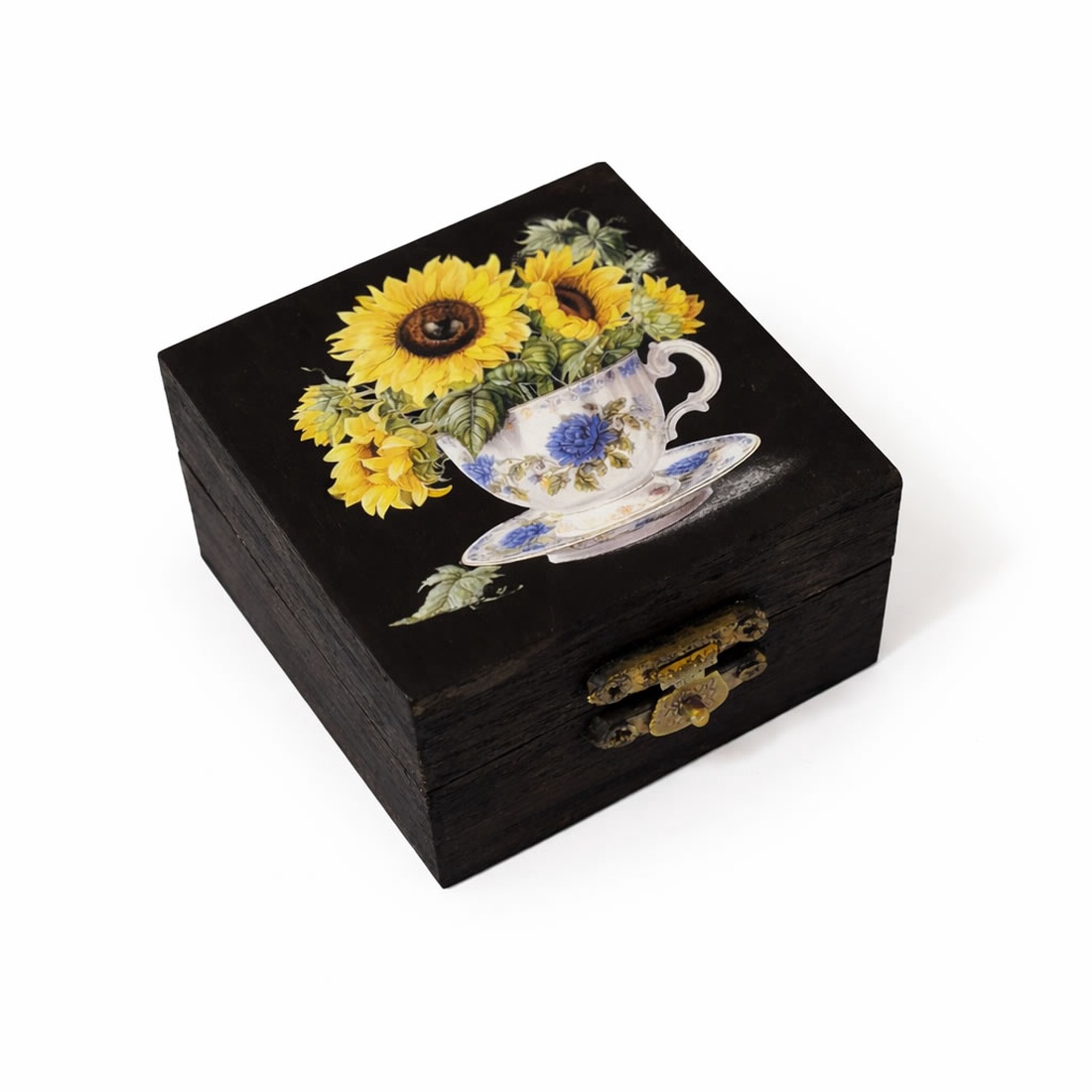 Cutie lemn patrata floarea soarelui in canita - 200703 - bijuterii - suporturi și cutii de bijuterii - cutii de bijuterii - Artynos.ro