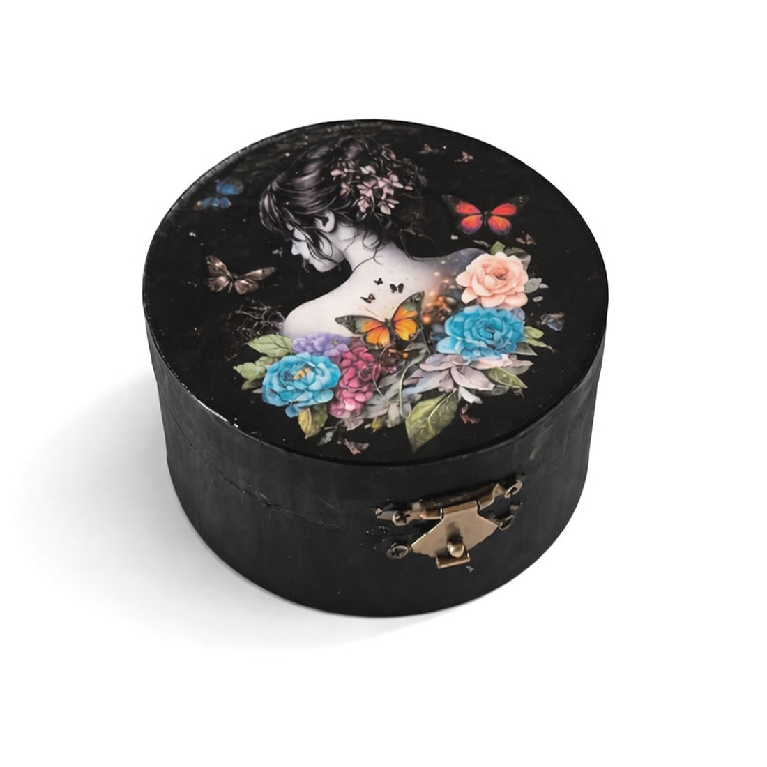 Cutie rotundă din lemn fata cu fluturi 184100 - bijuterii - suporturi și cutii de bijuterii - cutii de bijuterii - Artynos.ro