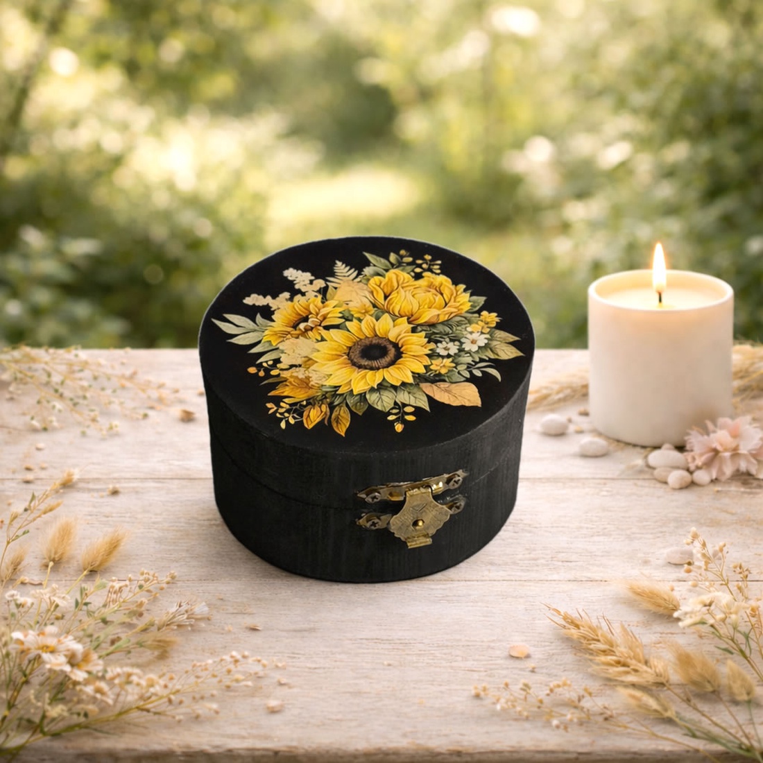Cutie rotundă din lemn floarea soarelui 110500 - bijuterii - suporturi și cutii de bijuterii - cutii de bijuterii - Artynos.ro