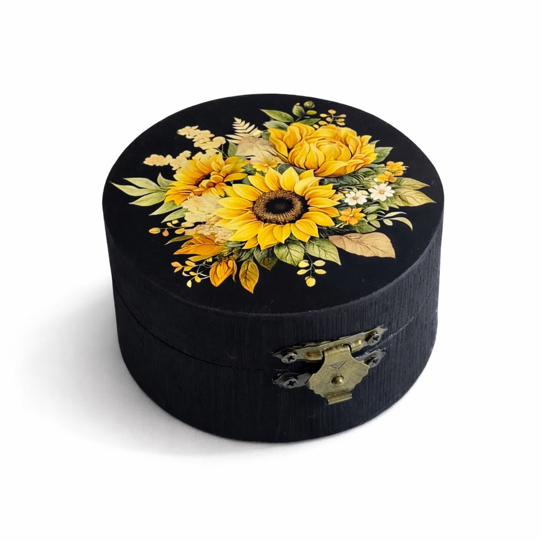Cutie rotundă din lemn floarea soarelui 110500 - bijuterii - suporturi și cutii de bijuterii - cutii de bijuterii - Artynos.ro
