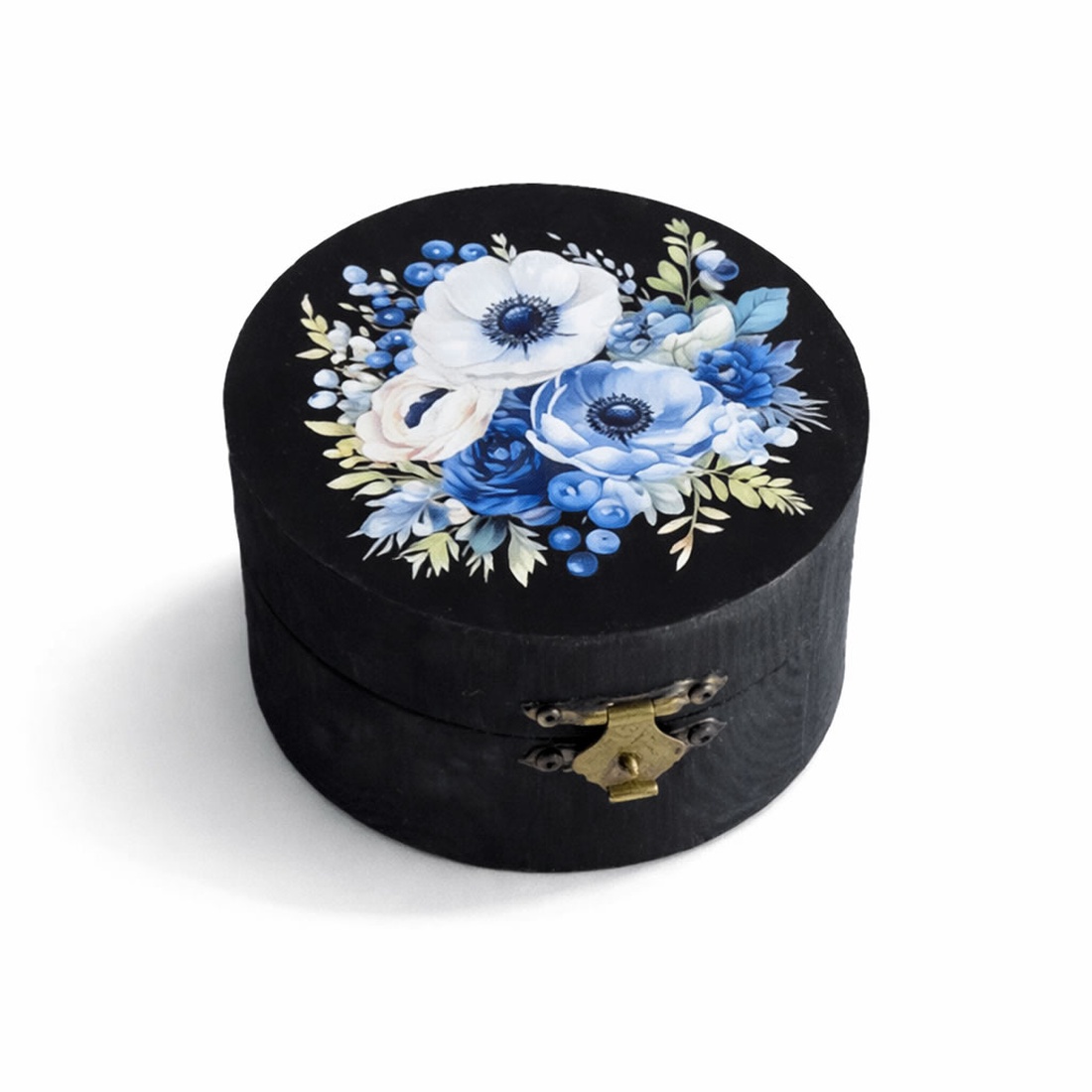 Cutie rotunda din lemn cu flori albastre � 202600 - bijuterii - suporturi și cutii de bijuterii - cutii de bijuterii - Artynos.ro