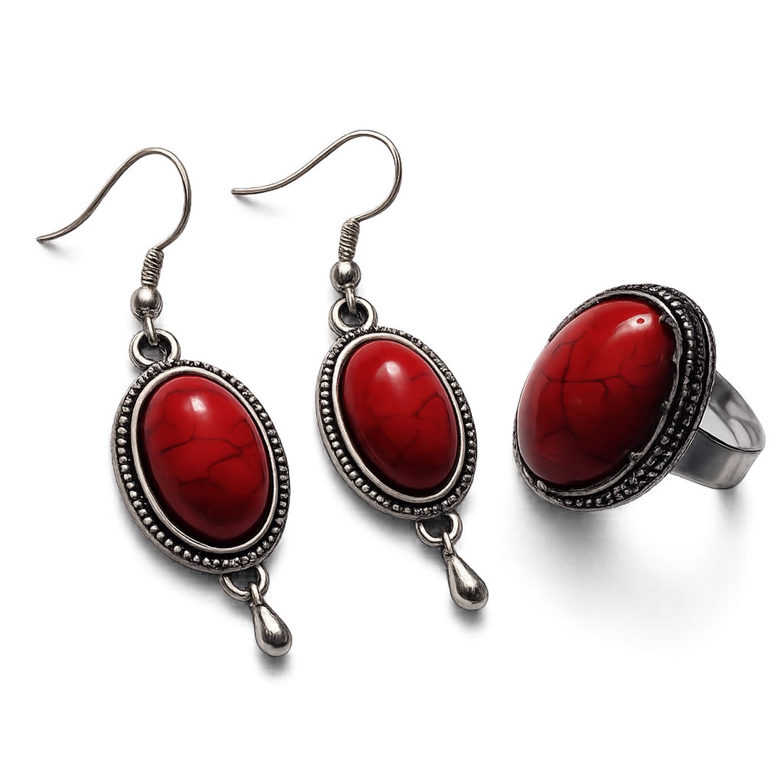 Set de bijuterii cercei si inel reglabil cu howlite rosu � 195600 - bijuterii - seturi de bijuterii - Artynos.ro