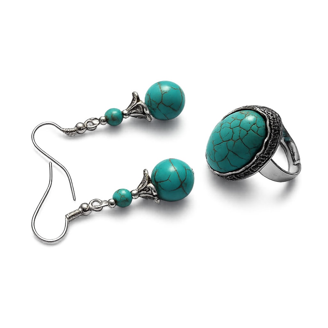 Set de bijuterii cu turcoaz cercei si inel reglabil � 221100 - bijuterii - seturi de bijuterii - Artynos.ro