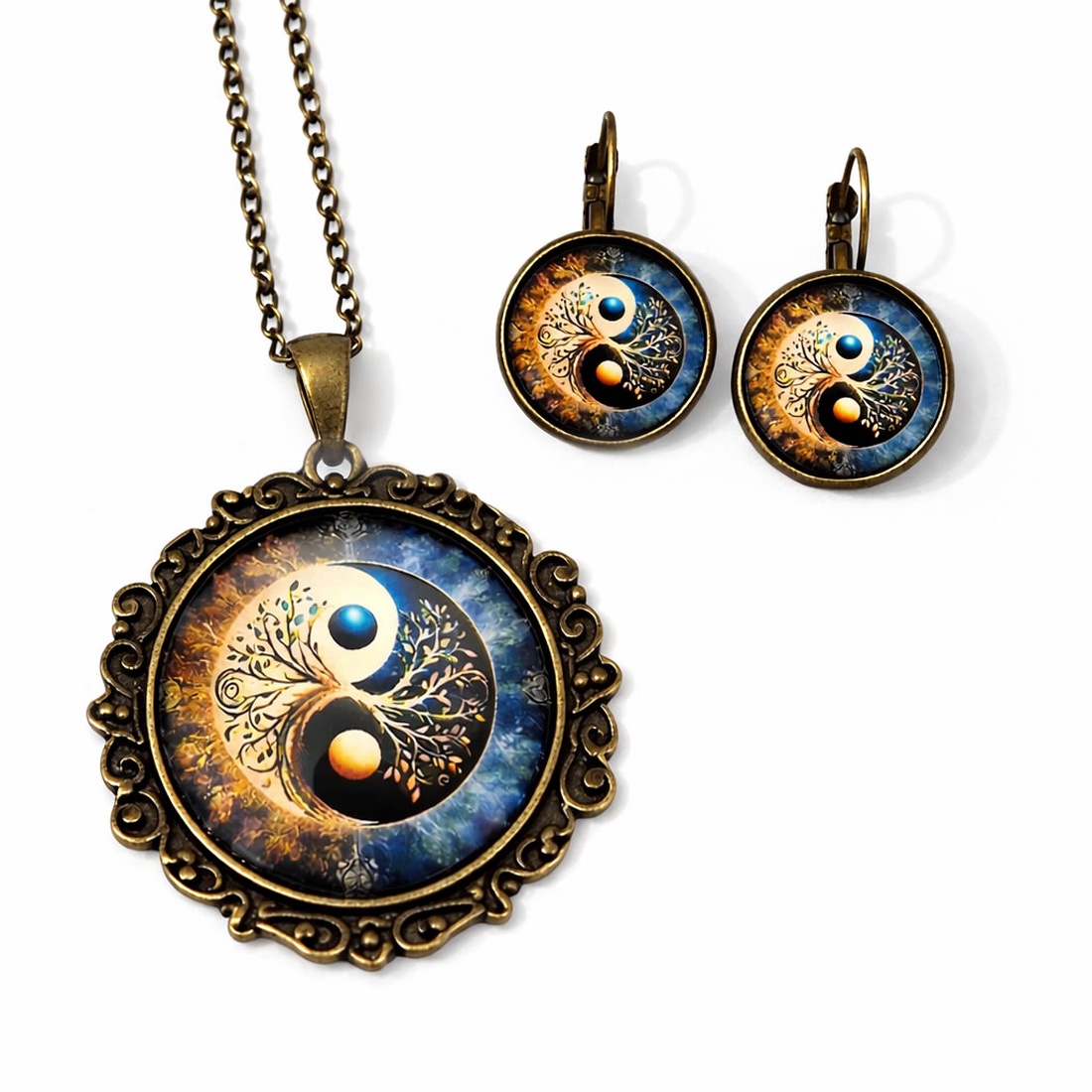 Set bijuterii Yin Yang pandantiv si cercei bronz cu cabochon de sticla 203200 - bijuterii - seturi de bijuterii - Artynos.ro