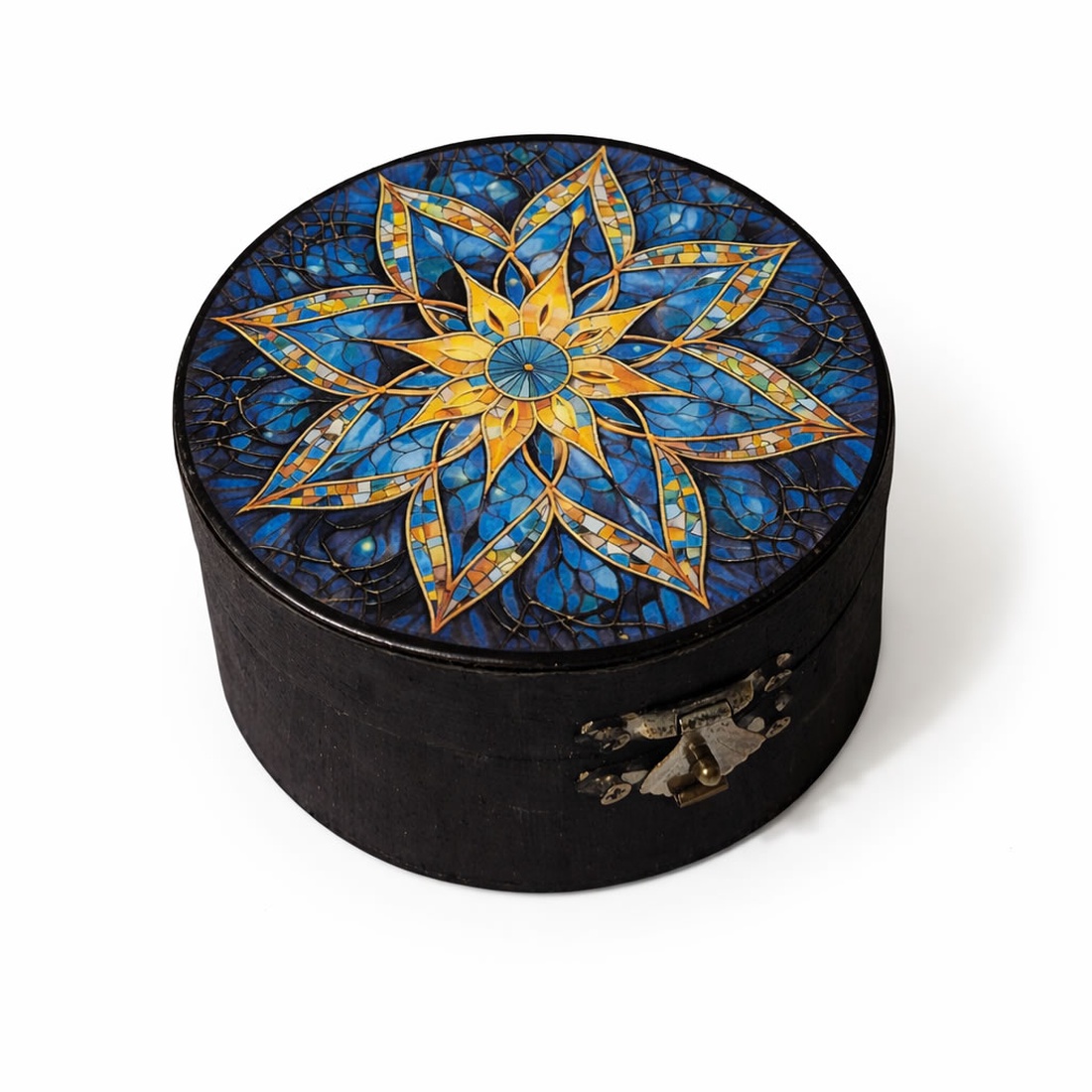 Cutie rotundă din lemn cu simbol mandala � 201400 - bijuterii - suporturi și cutii de bijuterii - cutii de bijuterii - Artynos.ro