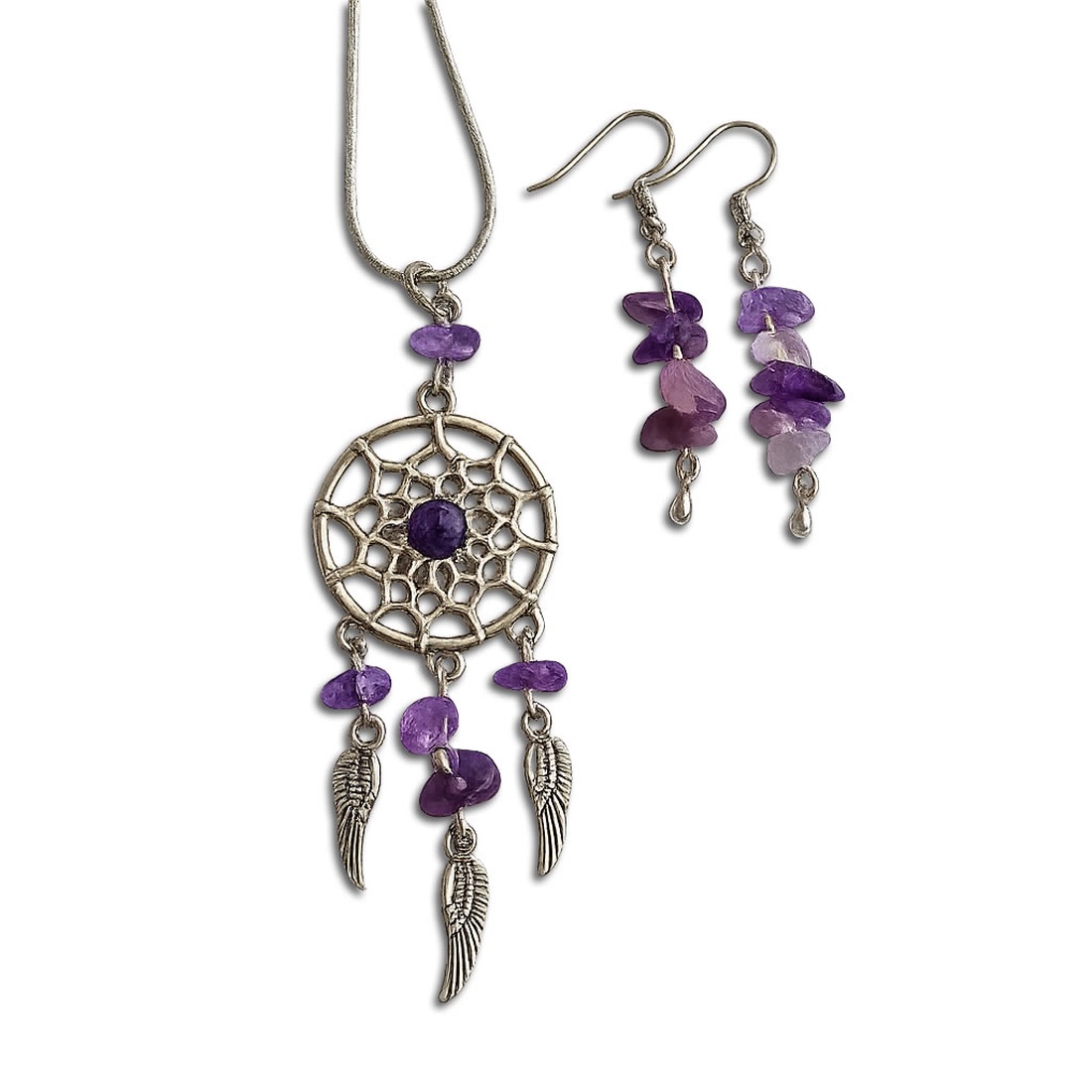Set bijuterii colier si cercei cu dreamcatcher si ametist 115813 - bijuterii - seturi de bijuterii - Artynos.ro