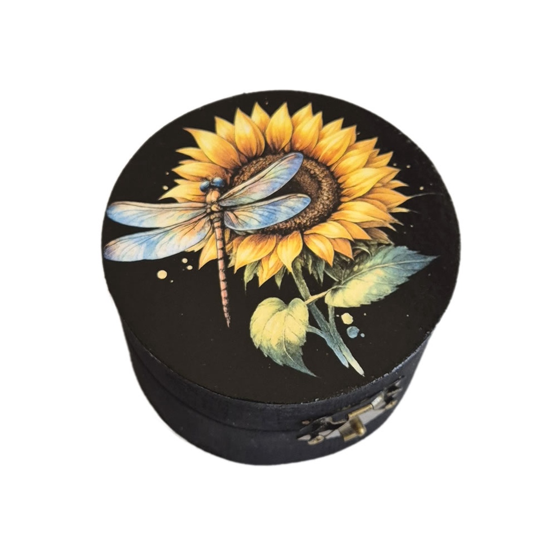 Cutie rotundă din lemn cu libelula si floarea soarelui - 103550 - bijuterii - suporturi și cutii de bijuterii - cutii de bijuterii - Artynos.ro