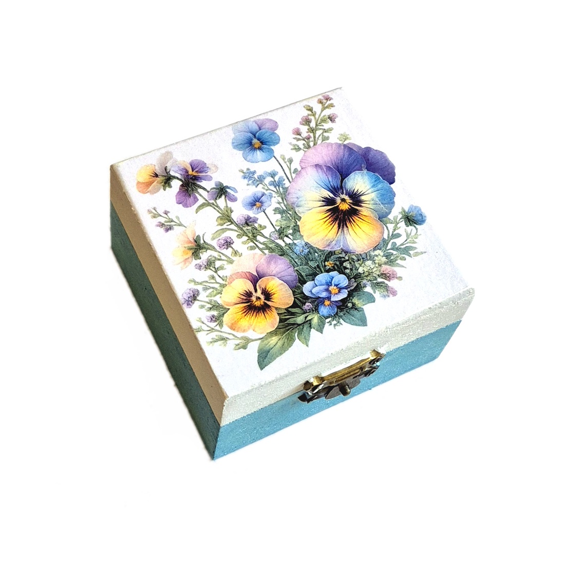 Cutie patrata din lemn cu panselute � 224622 - bijuterii - suporturi și cutii de bijuterii - cutii de bijuterii - Artynos.ro