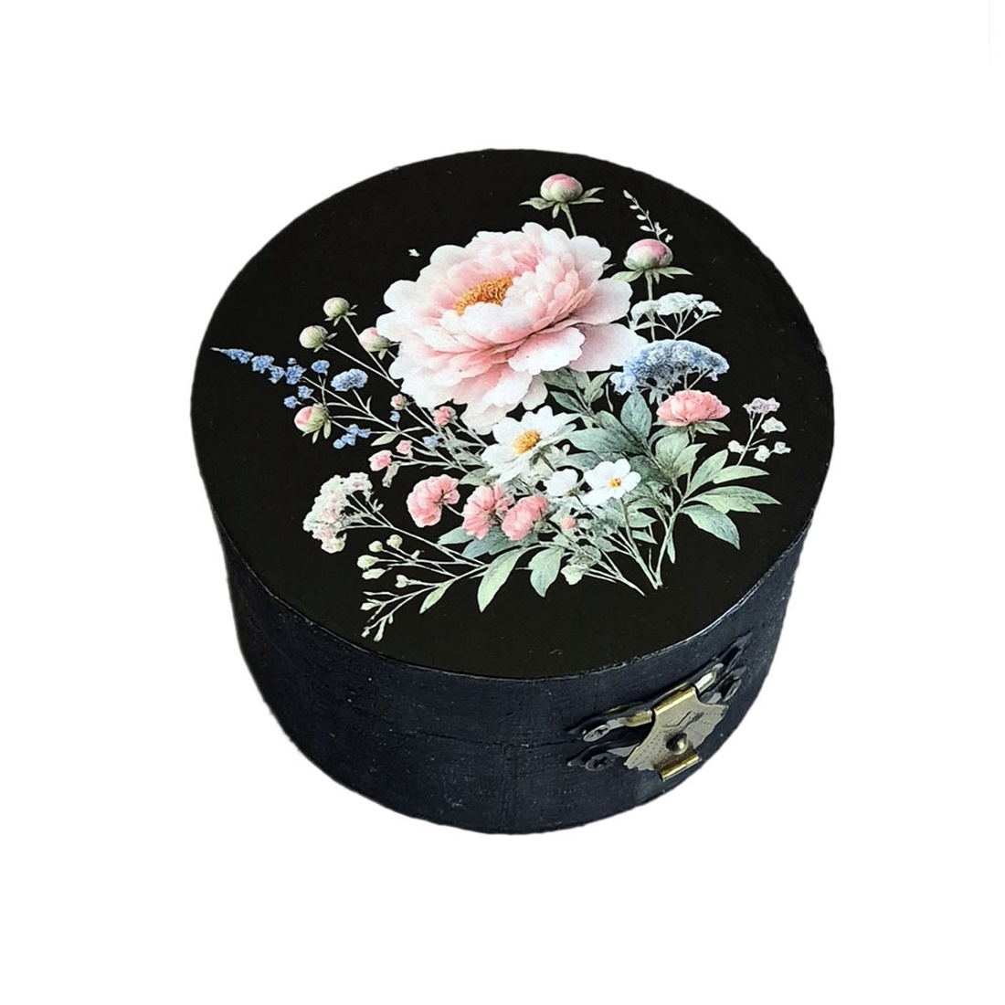 Cutie rotundă din lemn cu model flori - 103639 - bijuterii - suporturi și cutii de bijuterii - cutii de bijuterii - Artynos.ro