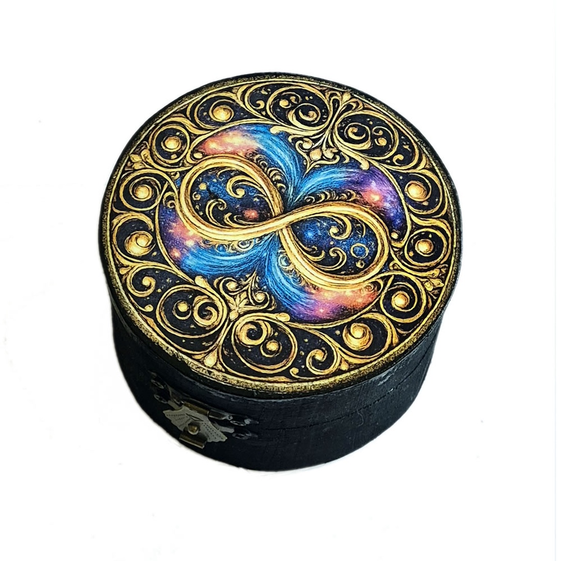 Cutie rotundă din lemn cu simbolul infinit - 104203 - bijuterii - suporturi și cutii de bijuterii - cutii de bijuterii - Artynos.ro