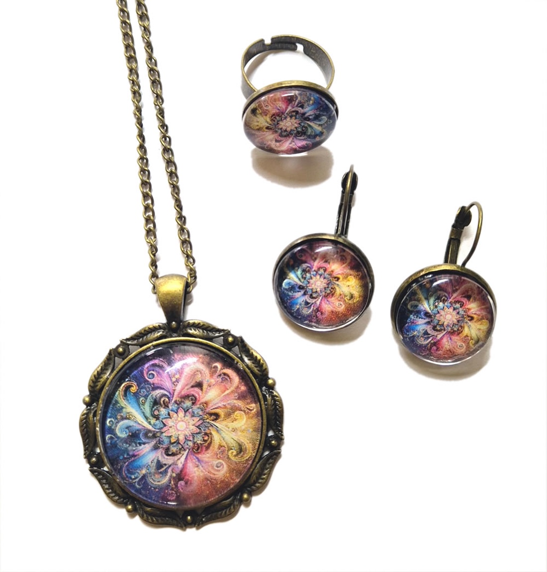 Set bijuterii pandantiv, cercei, inel reglabil bronz cu cabochon de sticla 204800 - bijuterii - seturi de bijuterii - Artynos.ro